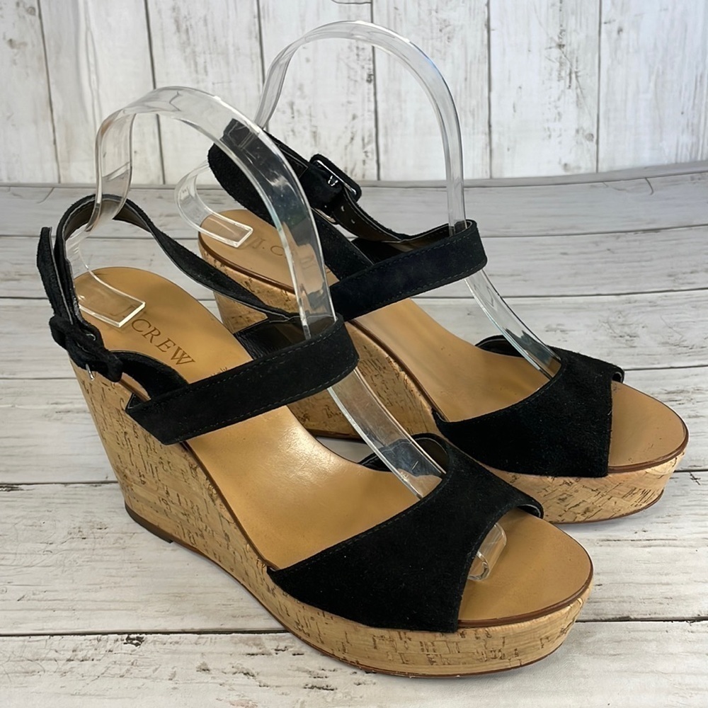 J. Crew Black Maryann Leather Cork Wedge Sandals